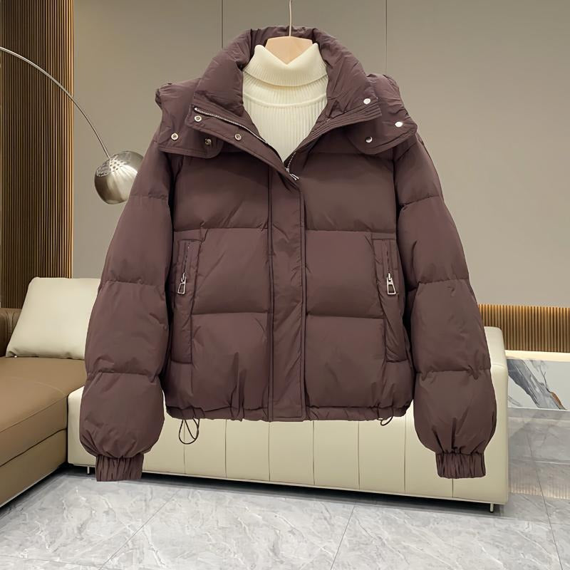 Women's cropped quilted puffer jacket with hood, long sleeves and zip front