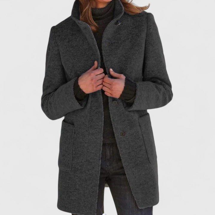 Women's textured stand collar coat with long sleeves, buttons and patch pockets
