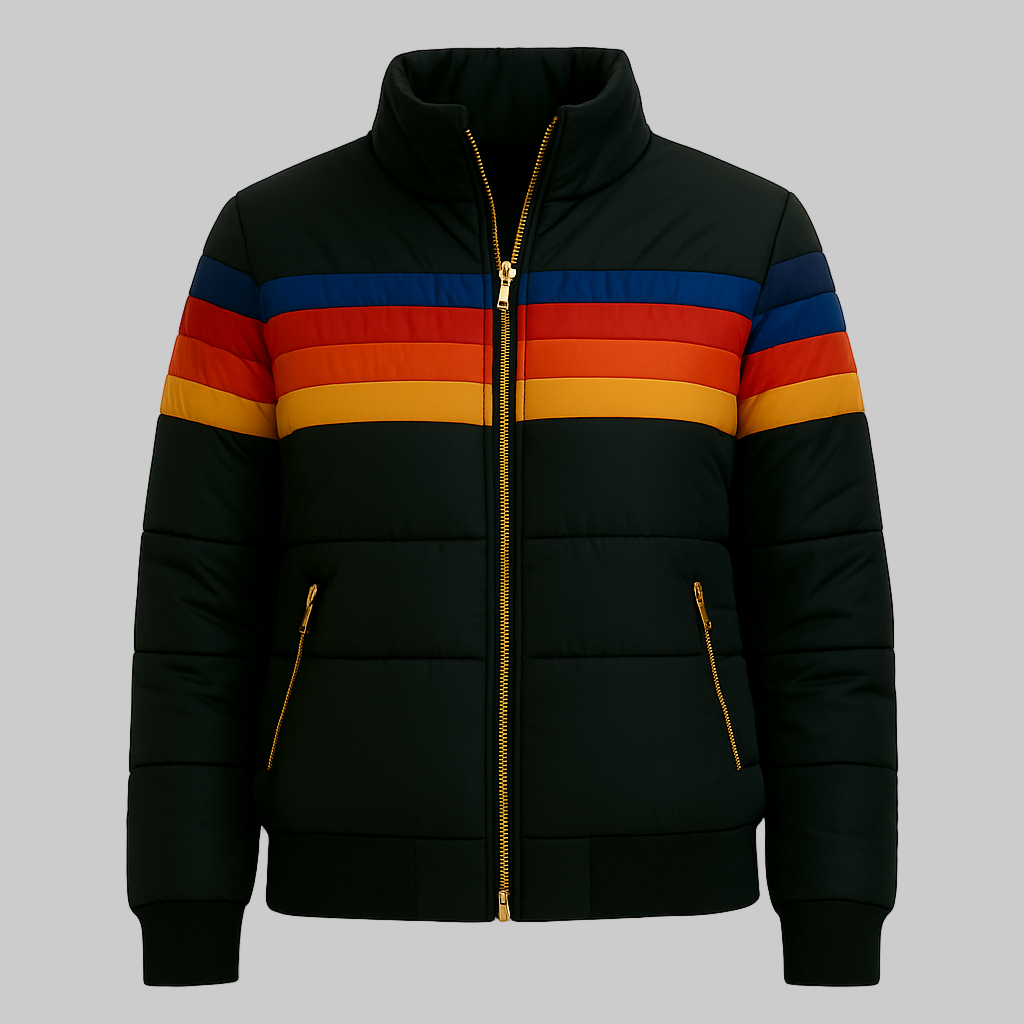 Women's striped colour block hooded puffer jacket with long sleeves and zip pockets