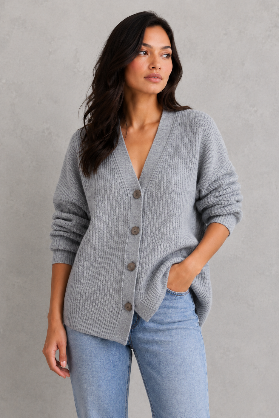 Women's oversized ribbed V-neck button cardigan with long sleeves
