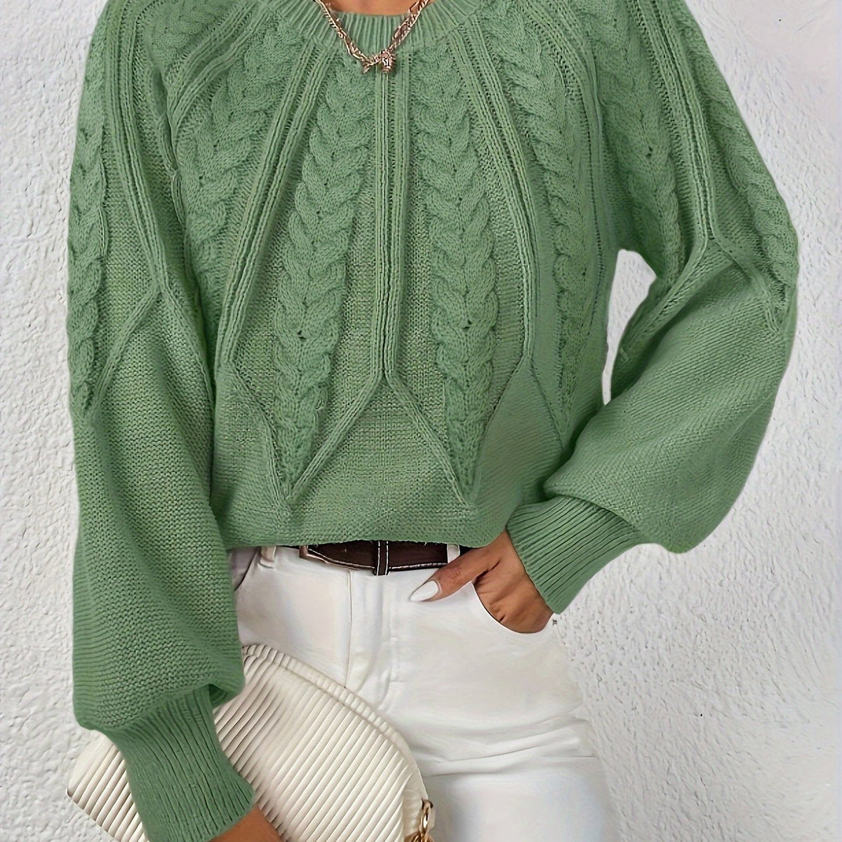 Women's Cable Knit Balloon Sleeve Cropped Jumper