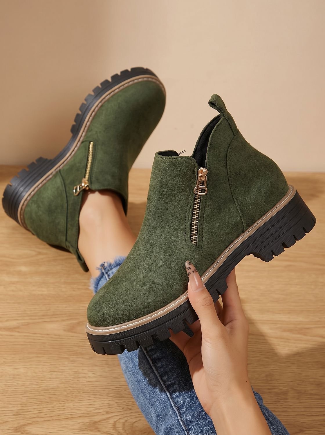 Women’s Suede-Look Side Zip Lug Sole Ankle Boots