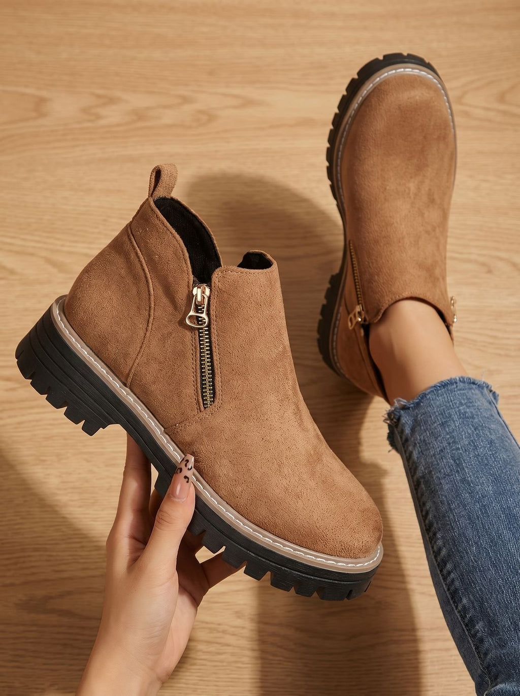 Women’s Suede-Look Side Zip Lug Sole Ankle Boots