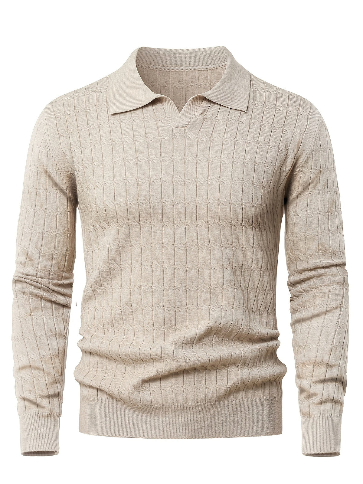 Men's long-sleeve cable knit polo sweater with Johnny collar