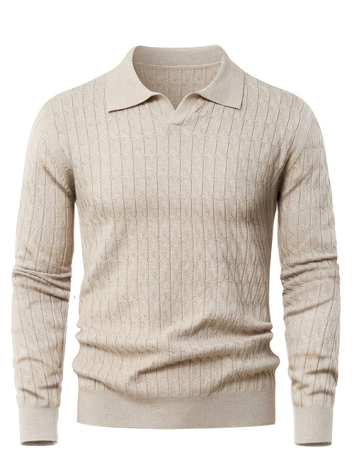 Men's long-sleeve cable knit polo sweater with Johnny collar