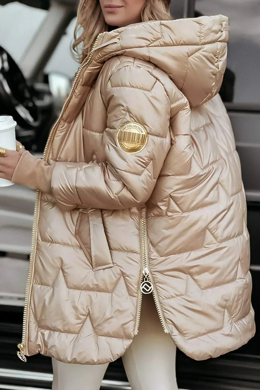 Women's hooded longline puffer jacket with glossy geometric quilting