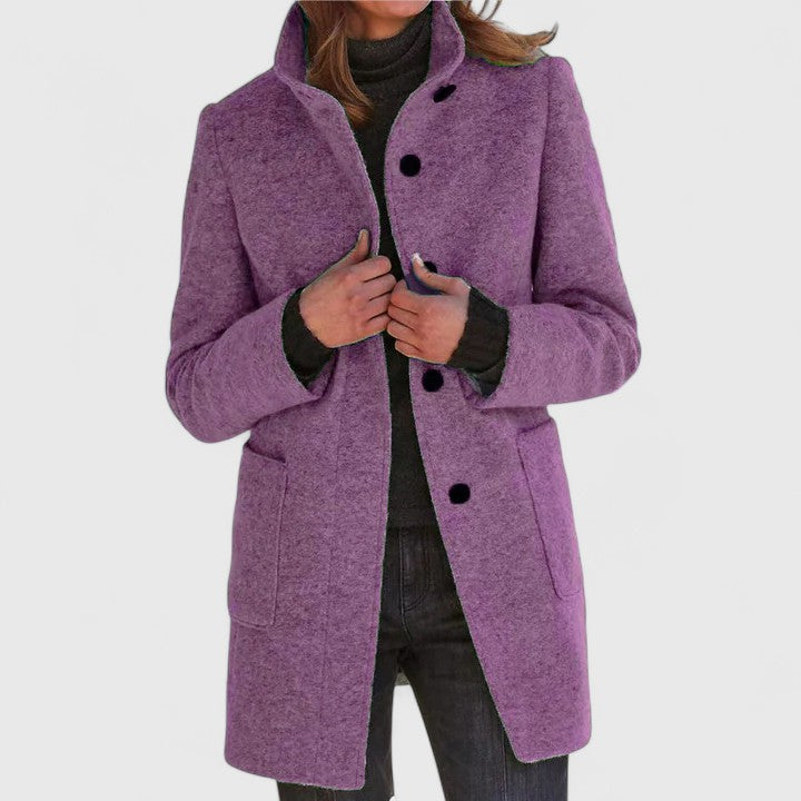 Women's textured stand collar coat with long sleeves, buttons and patch pockets