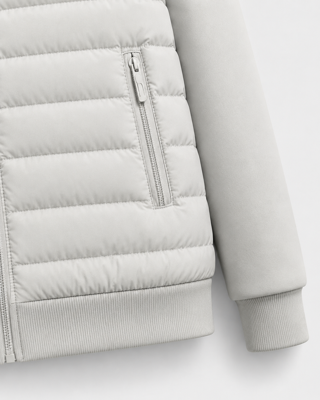 Men's quilted hooded zip jacket with long sleeves and front zip pockets