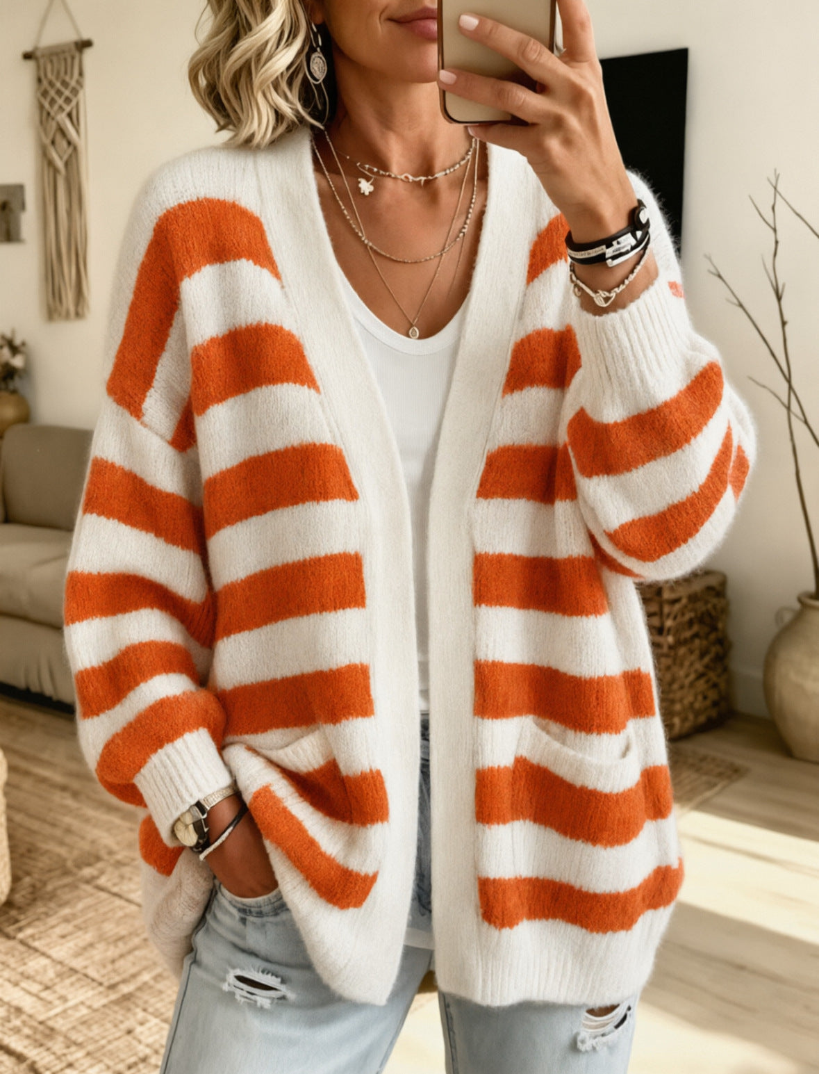 Women's Striped Oversized Open-Front Knit Cardigan
