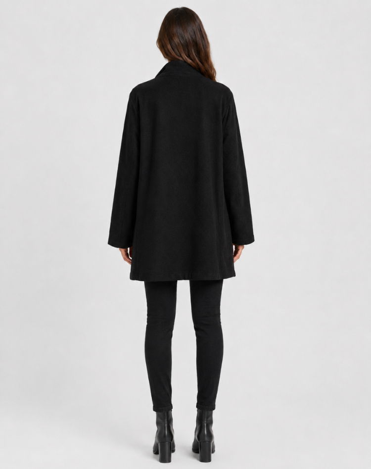 Women's open front swing coat with lapel collar and long sleeves