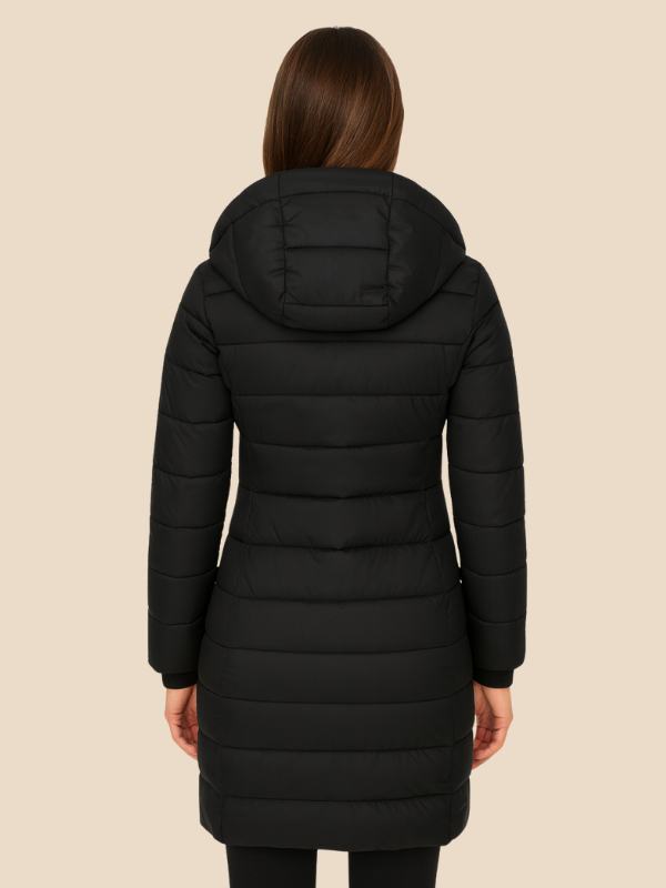 Women's hooded navy quilted longline puffer coat with zip front and angled zip pockets