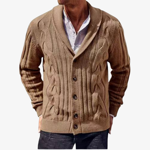 Men's cable knit cardigan with shawl collar, long sleeves and button front