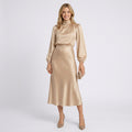 High Neck Midi Dress – Long Sleeve Satin Occasion Style