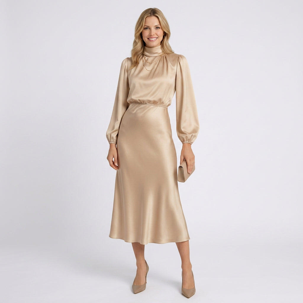 High Neck Midi Dress – Long Sleeve Satin Occasion Style