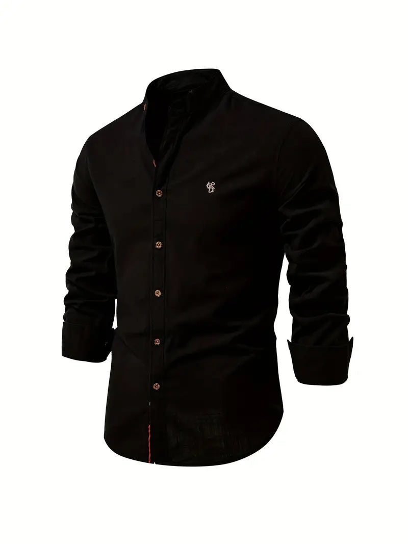 Men's long-sleeve mandarin collar shirt with button front and chest emblem