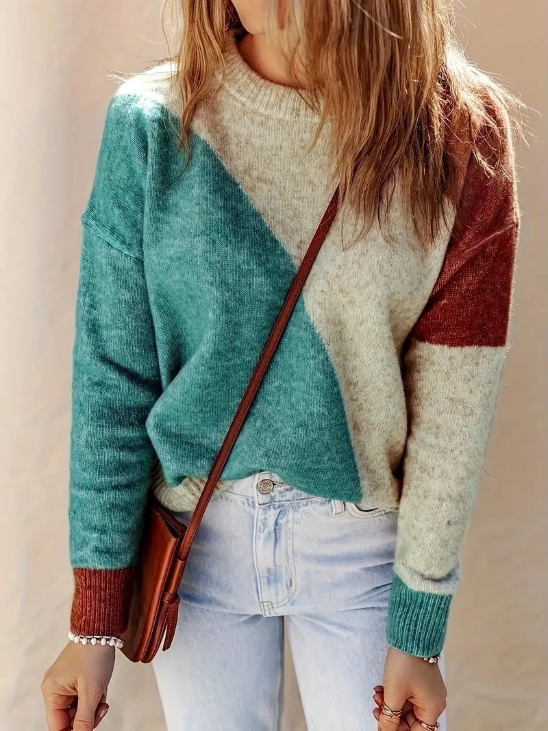 Women's geometric colour block crew neck sweater with long sleeves