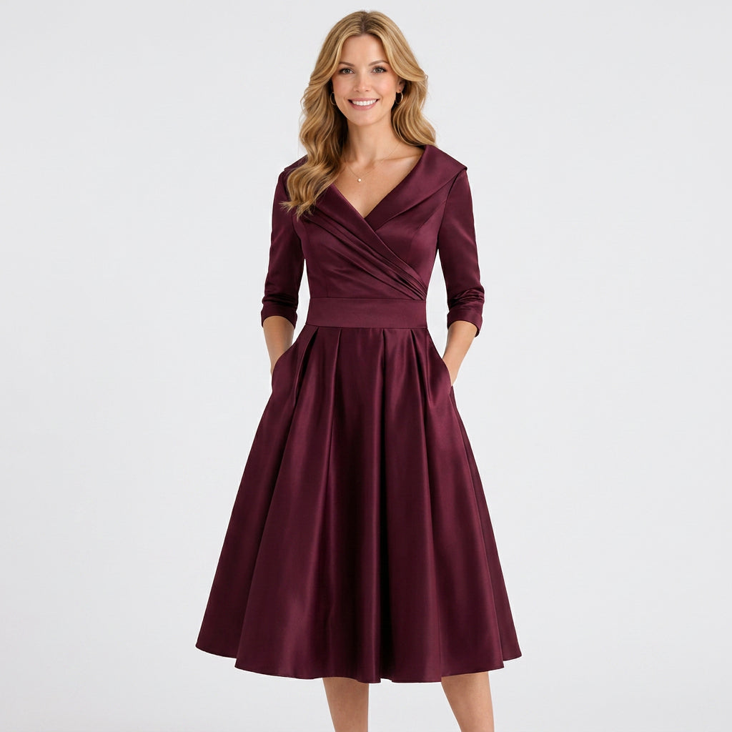 Wrap Bodice Midi Dress – Collared Full Skirt Occasion Style
