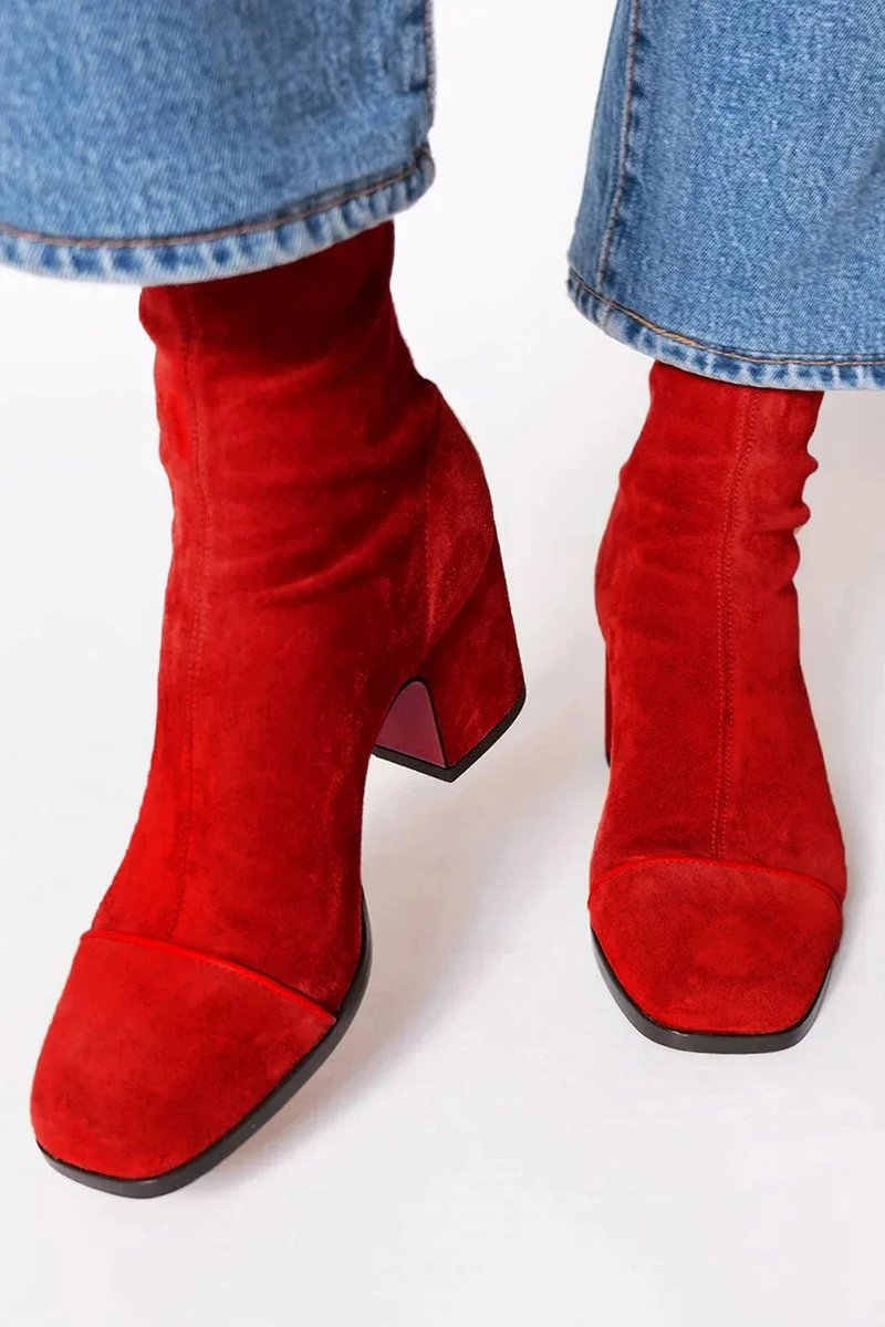 Women’s Suede-Look Square Toe Cap Block Heel Sock Boots