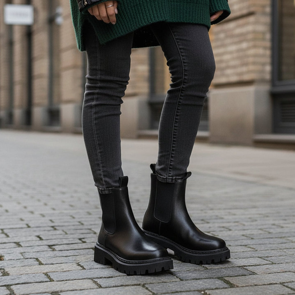 Women's Chelsea ankle boots with elastic side panels and chunky lug soles