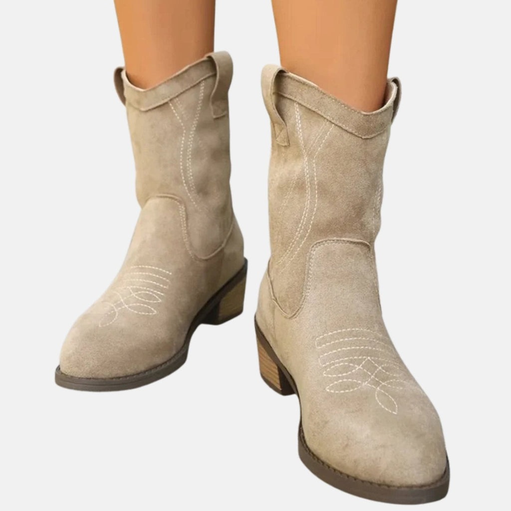Women's western ankle boots with stitched details, pull-on tabs and low block heels