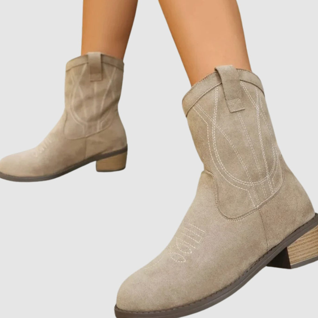 Women's western ankle boots with stitched details, pull-on tabs and low block heels