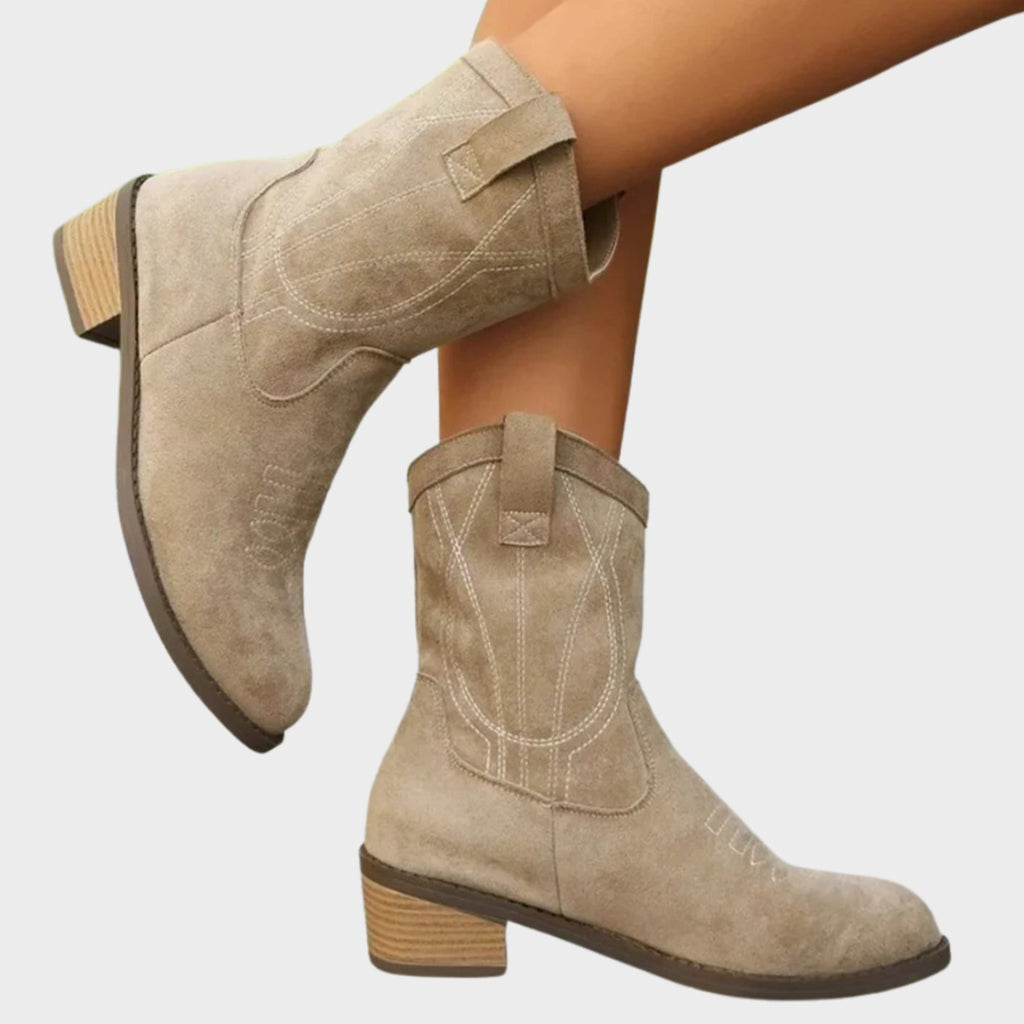 Women's western ankle boots with stitched details, pull-on tabs and low block heels
