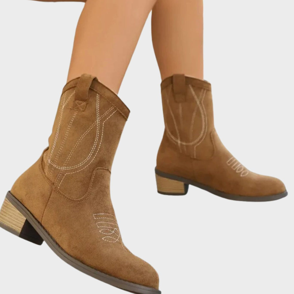 Women's western ankle boots with stitched details, pull-on tabs and low block heels