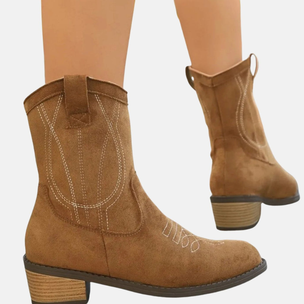 Women's western ankle boots with stitched details, pull-on tabs and low block heels