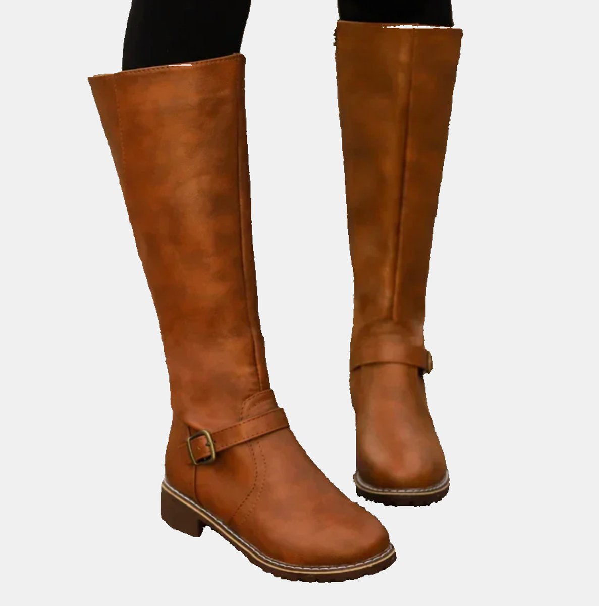 Women's knee high riding boots with ankle buckle strap and low heel