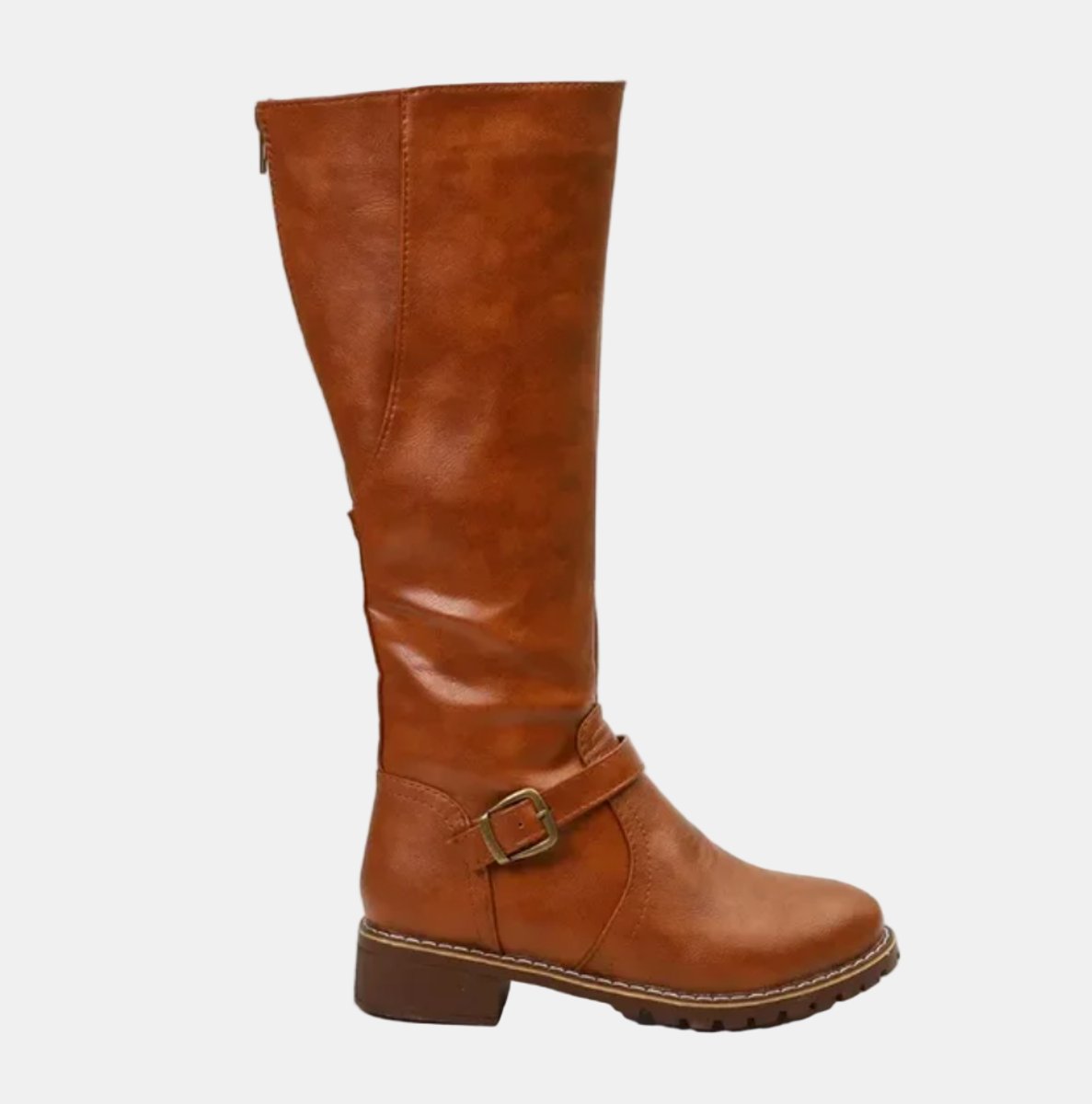 Women's knee high riding boots with ankle buckle strap and low heel