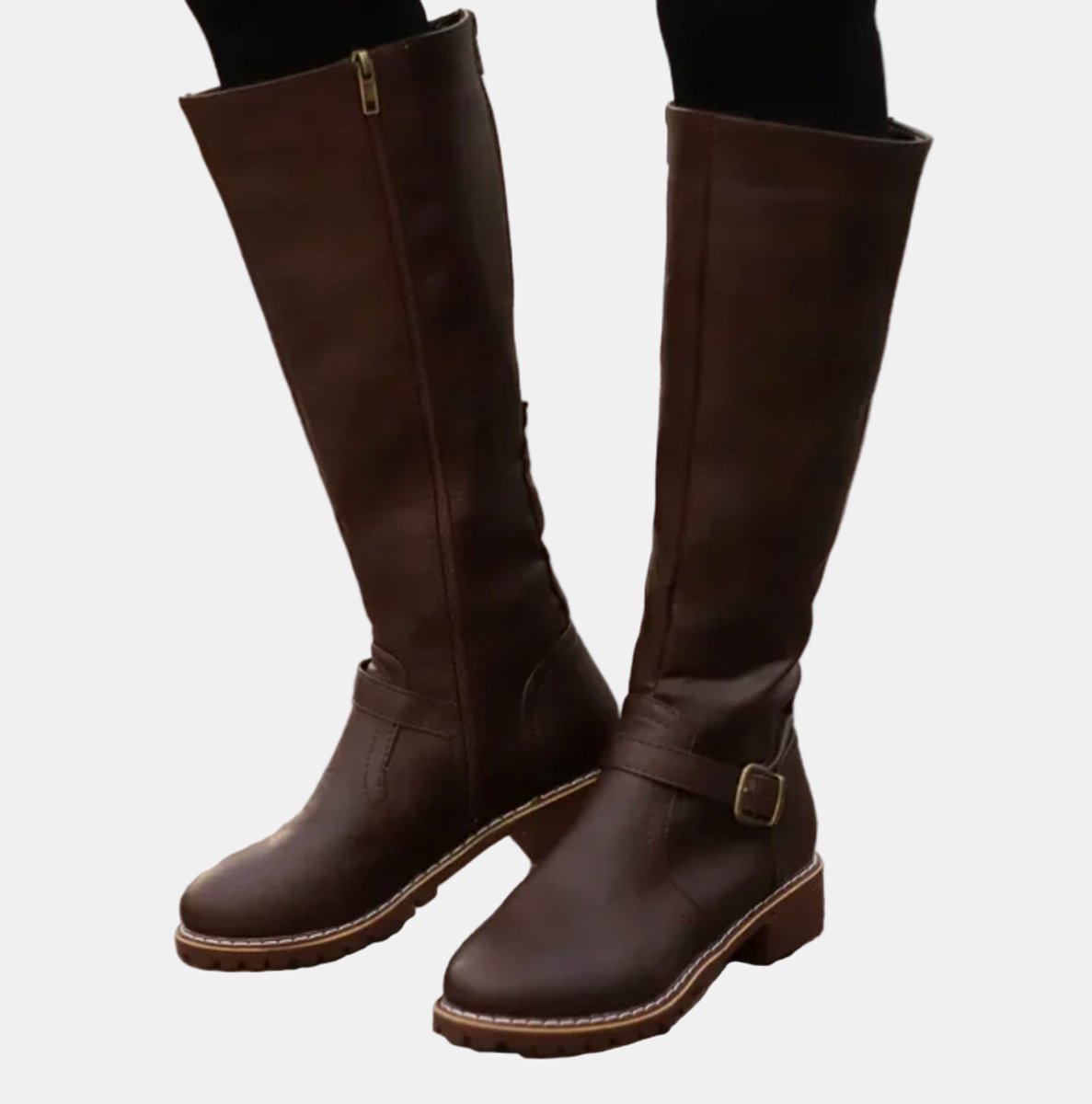 Women's knee high riding boots with ankle buckle strap and low heel