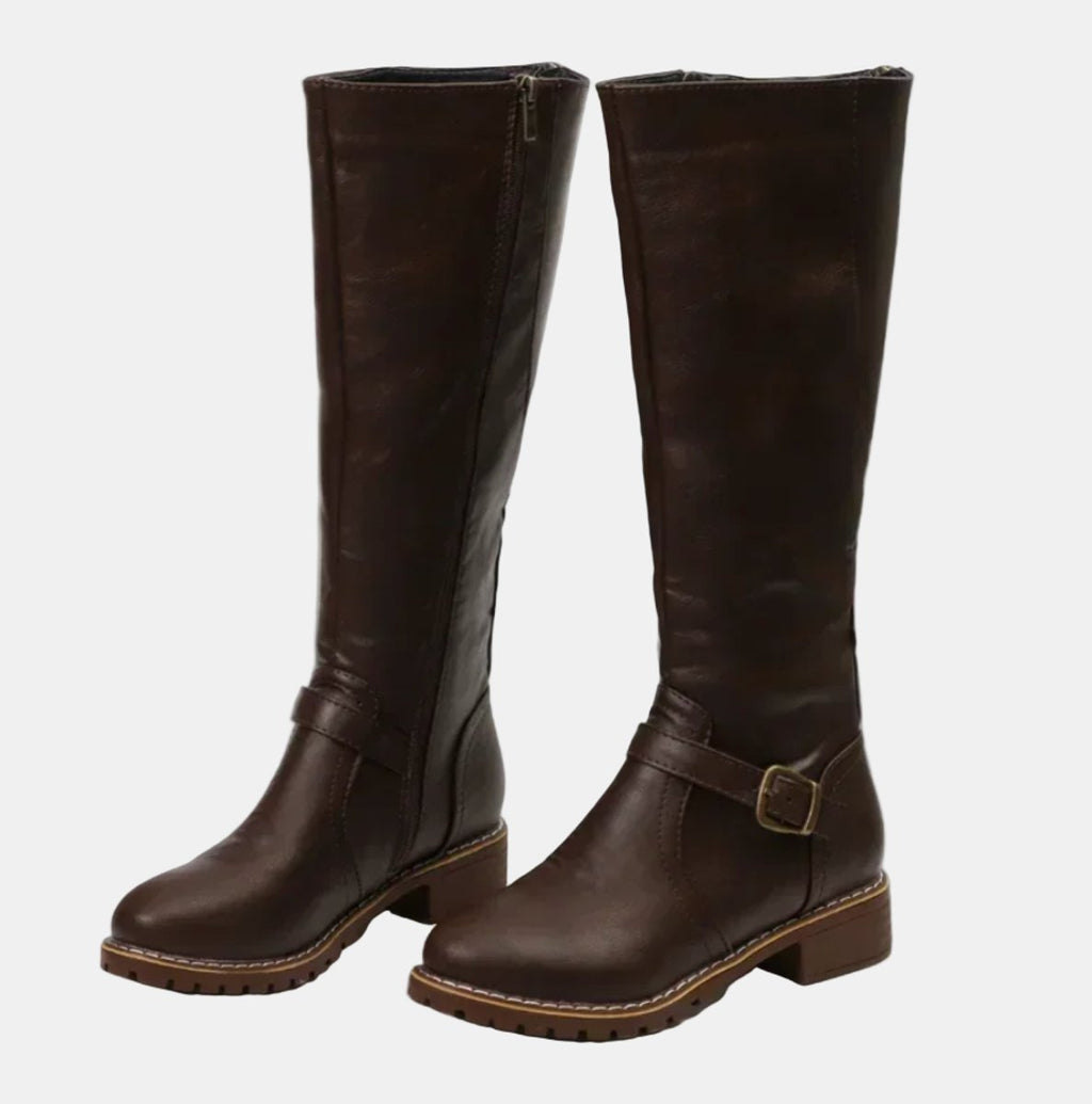 Women's knee high riding boots with ankle buckle strap and low heel
