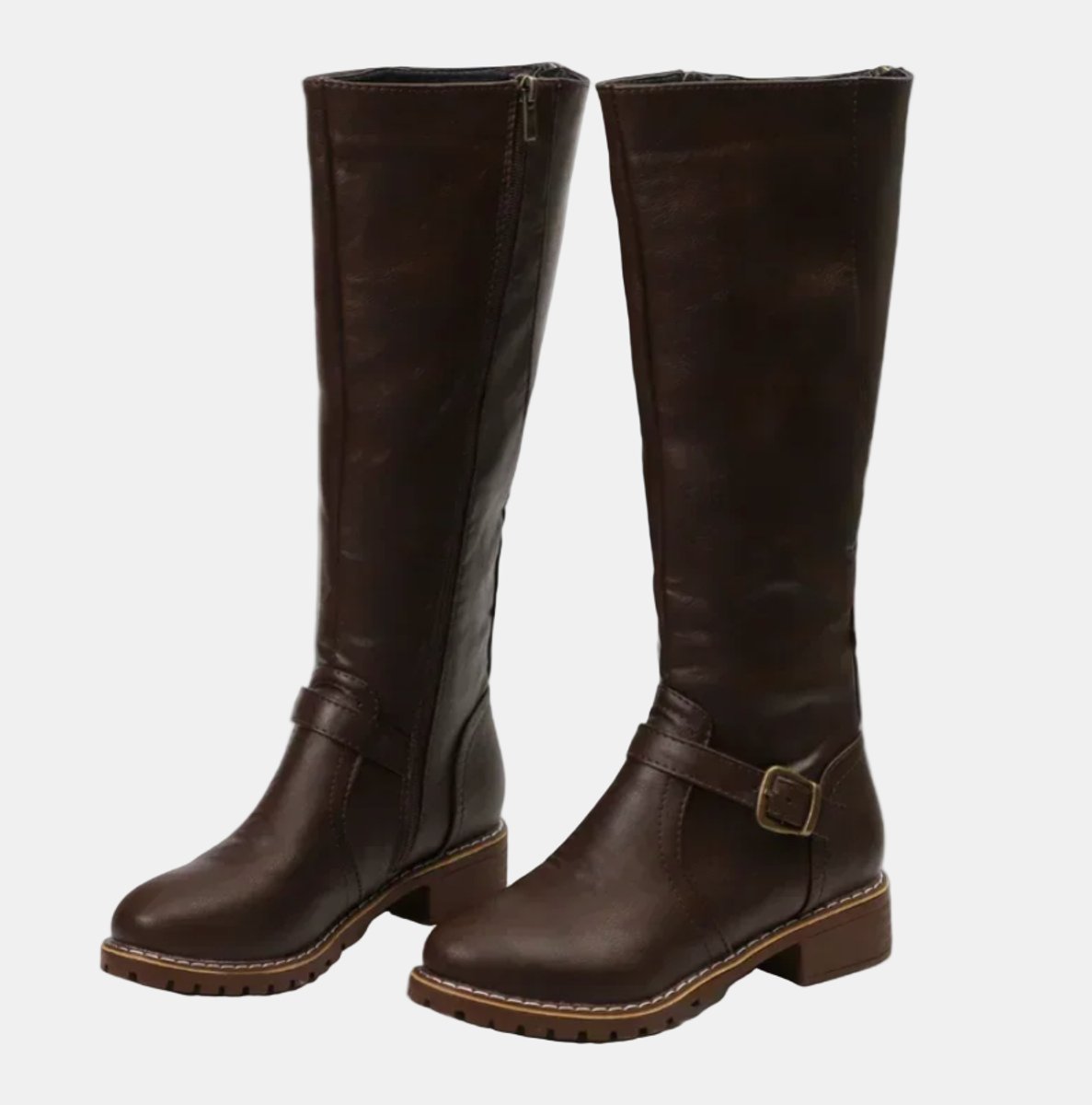 Women's knee high riding boots with ankle buckle strap and low heel