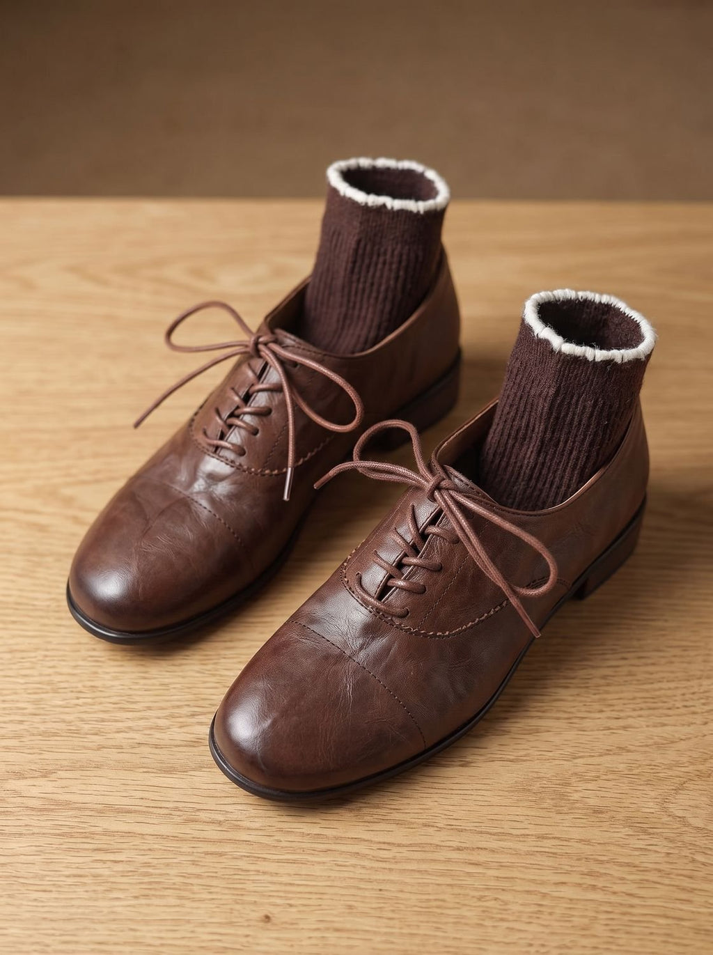 Women's brown cap toe lace-up Oxford shoes with low heels