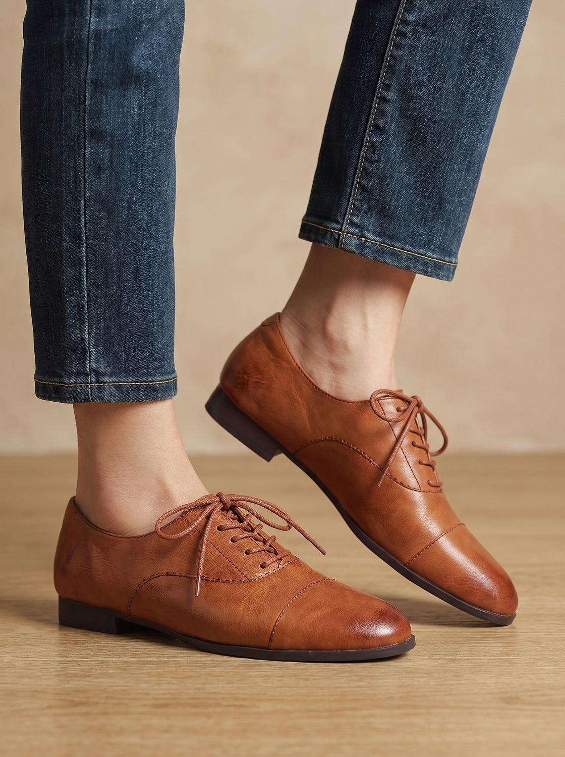 Women's brown cap toe lace-up Oxford shoes with low heels