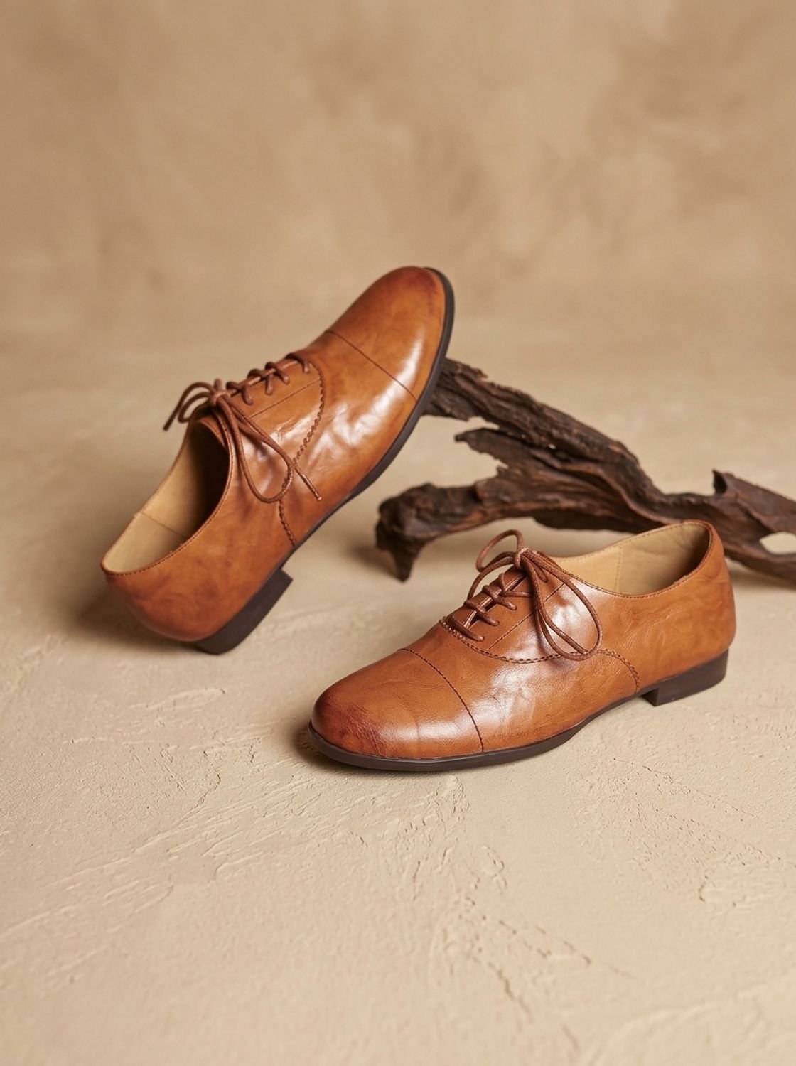 Women's brown cap toe lace-up Oxford shoes with low heels