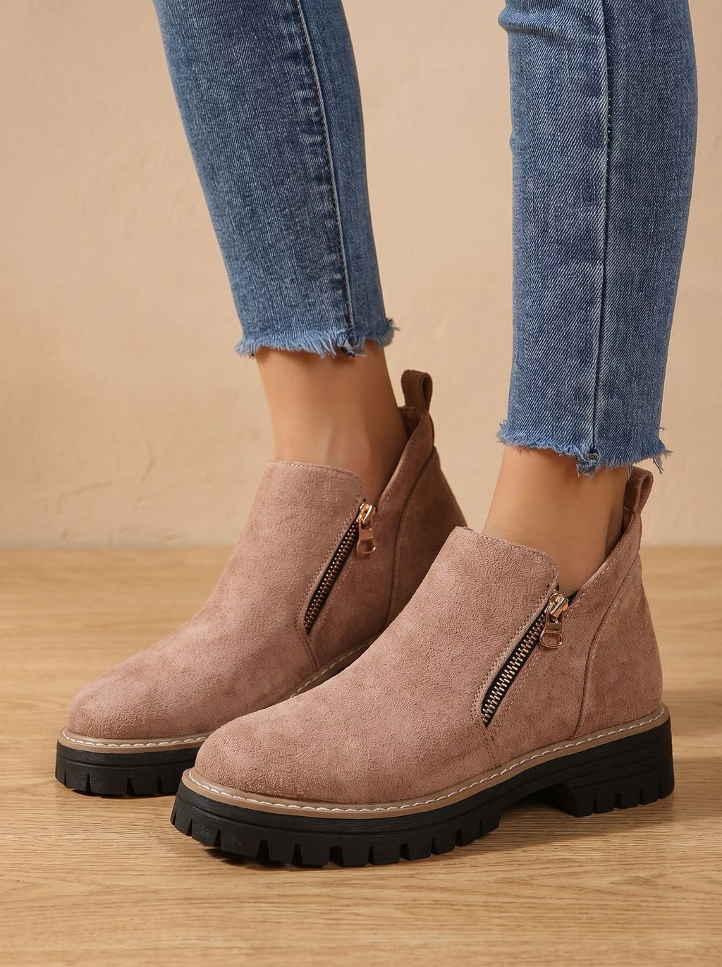 Women’s Suede-Look Side Zip Lug Sole Ankle Boots