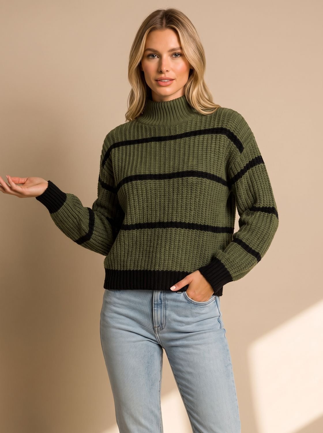 Women's chunky ribbed mock neck sweater with horizontal stripes and long sleeves