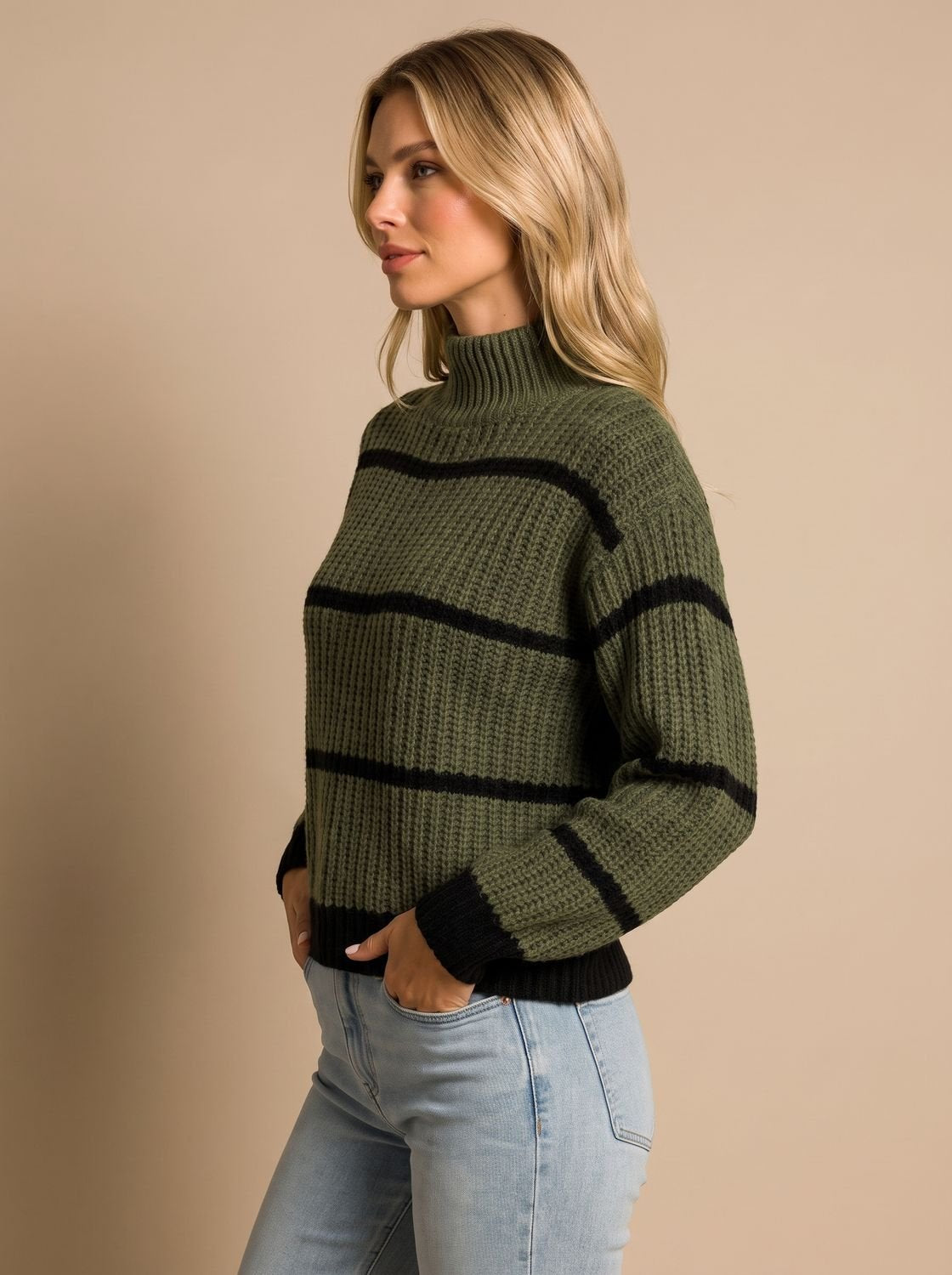 Women's Striped Chunky Knit Mock Neck Sweater