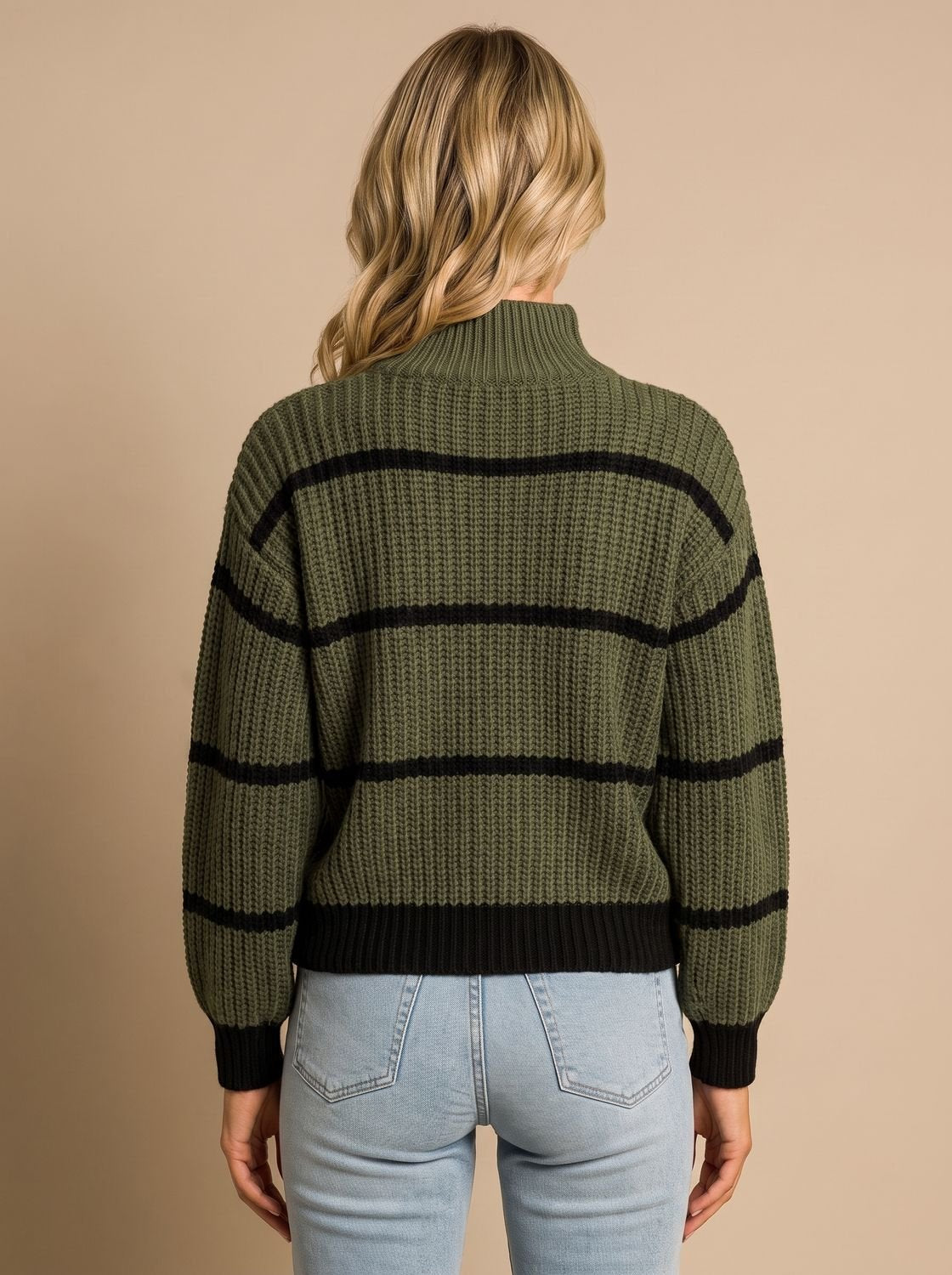 Women's Striped Chunky Knit Mock Neck Sweater