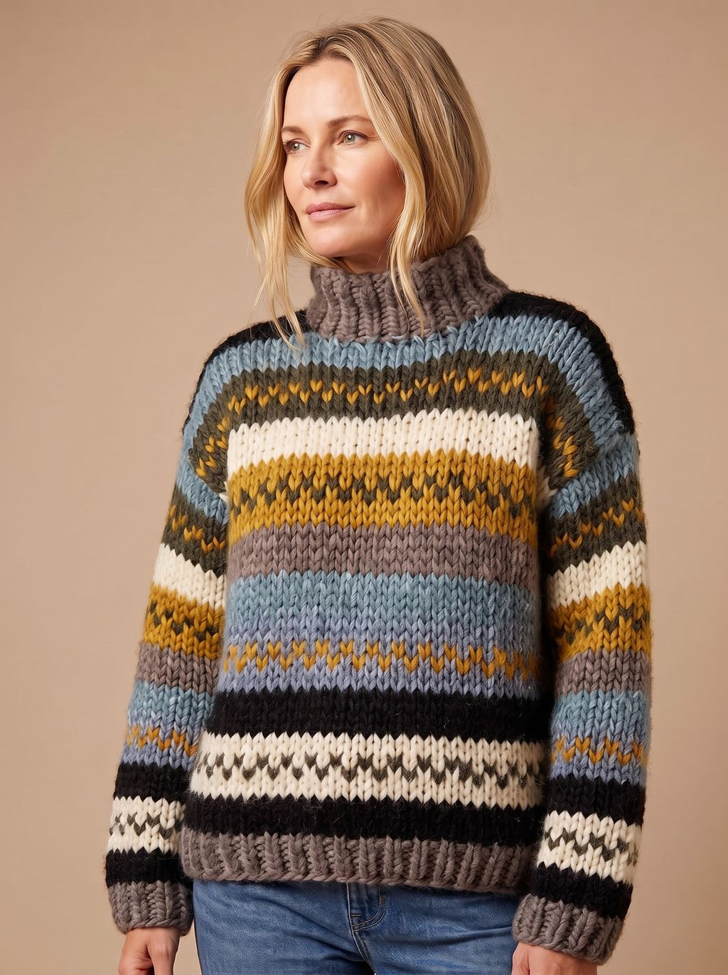 Women's Chunky Fair Isle Striped Turtleneck Sweater