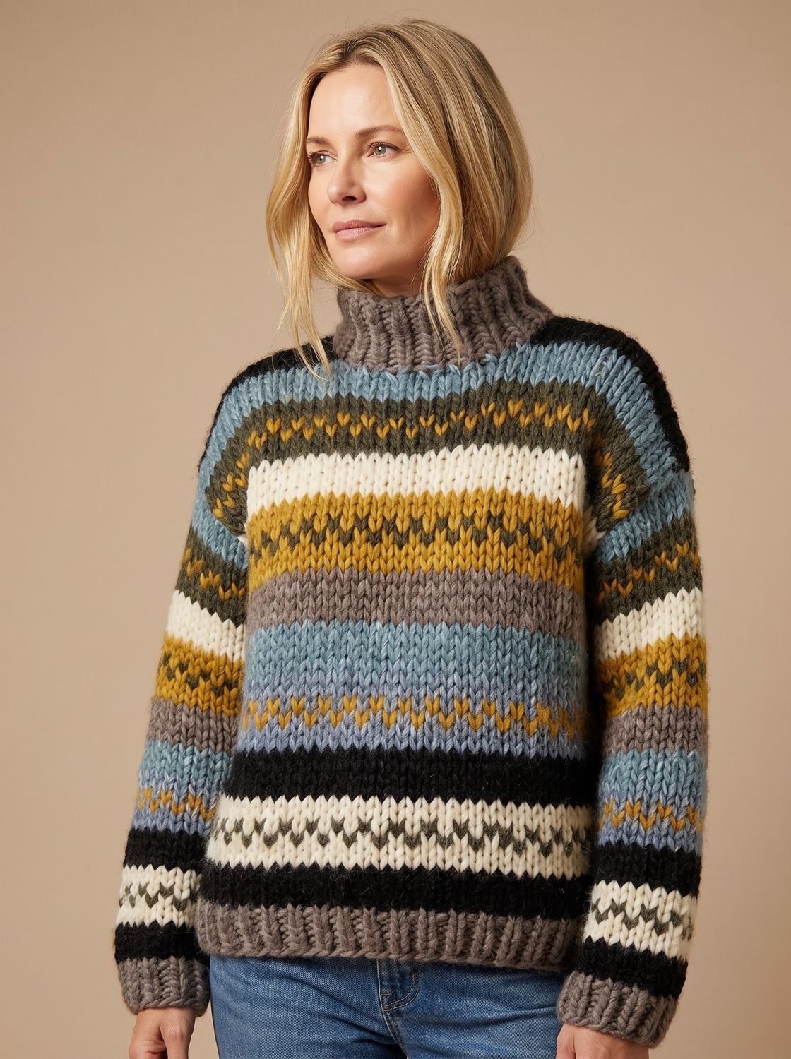 Women's Chunky Fair Isle Striped Turtleneck Sweater