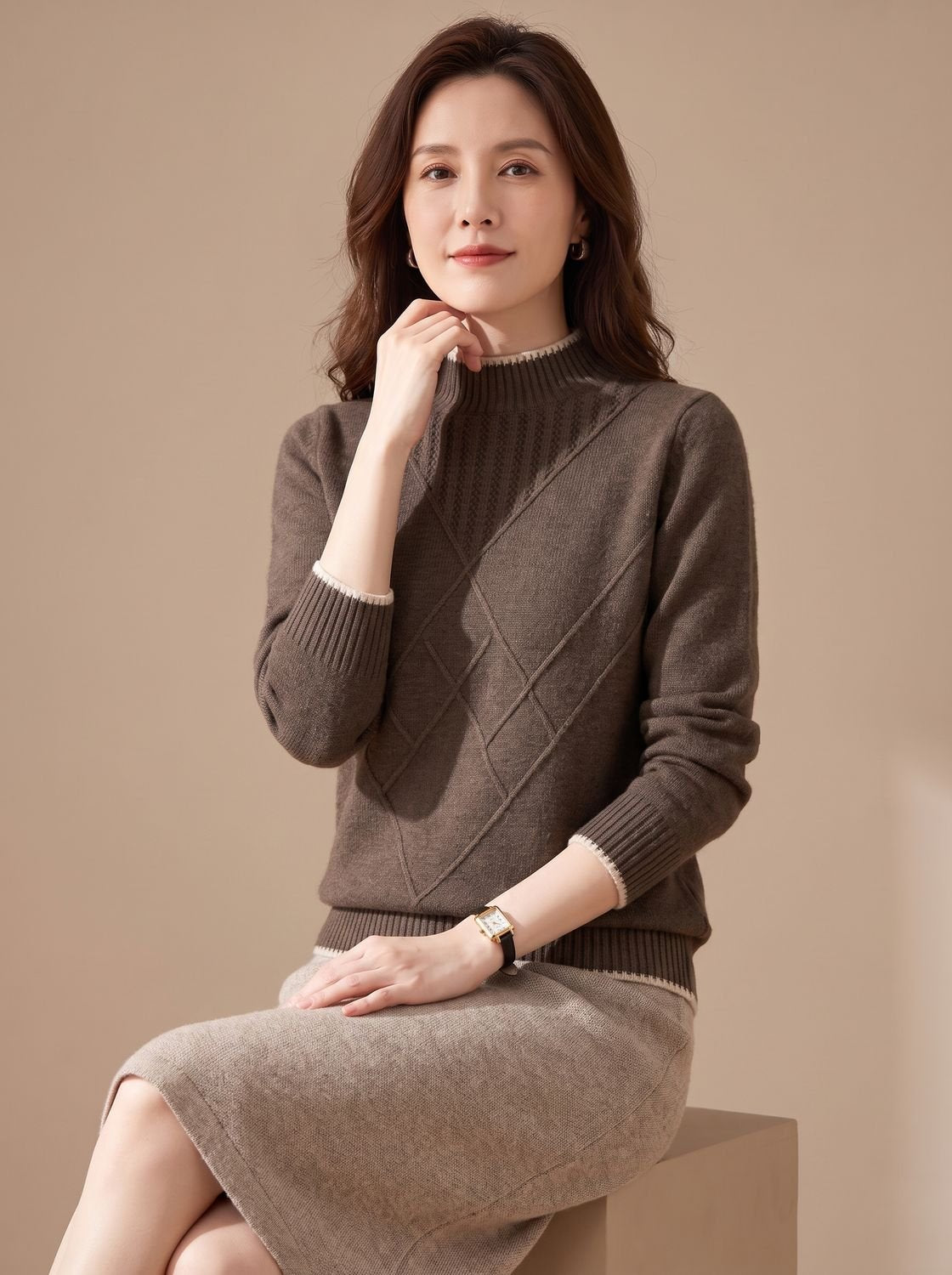 Women's Mock Neck Diamond Pattern Knit Sweater
