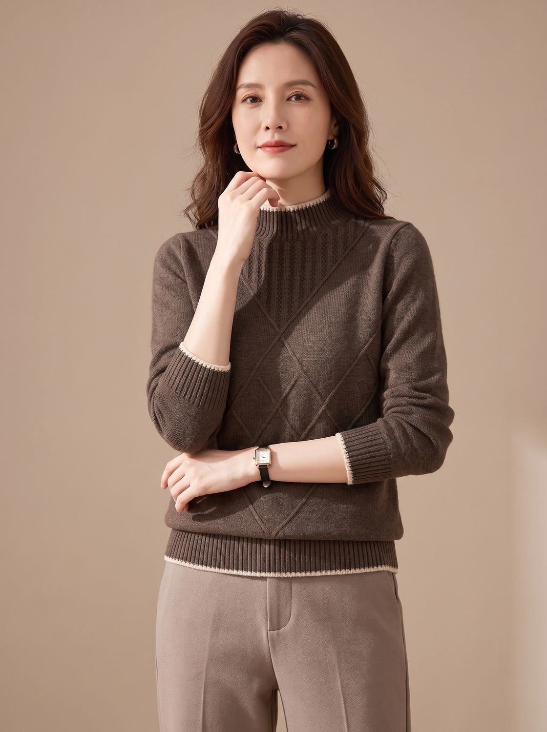 Women's Mock Neck Diamond Pattern Knit Sweater