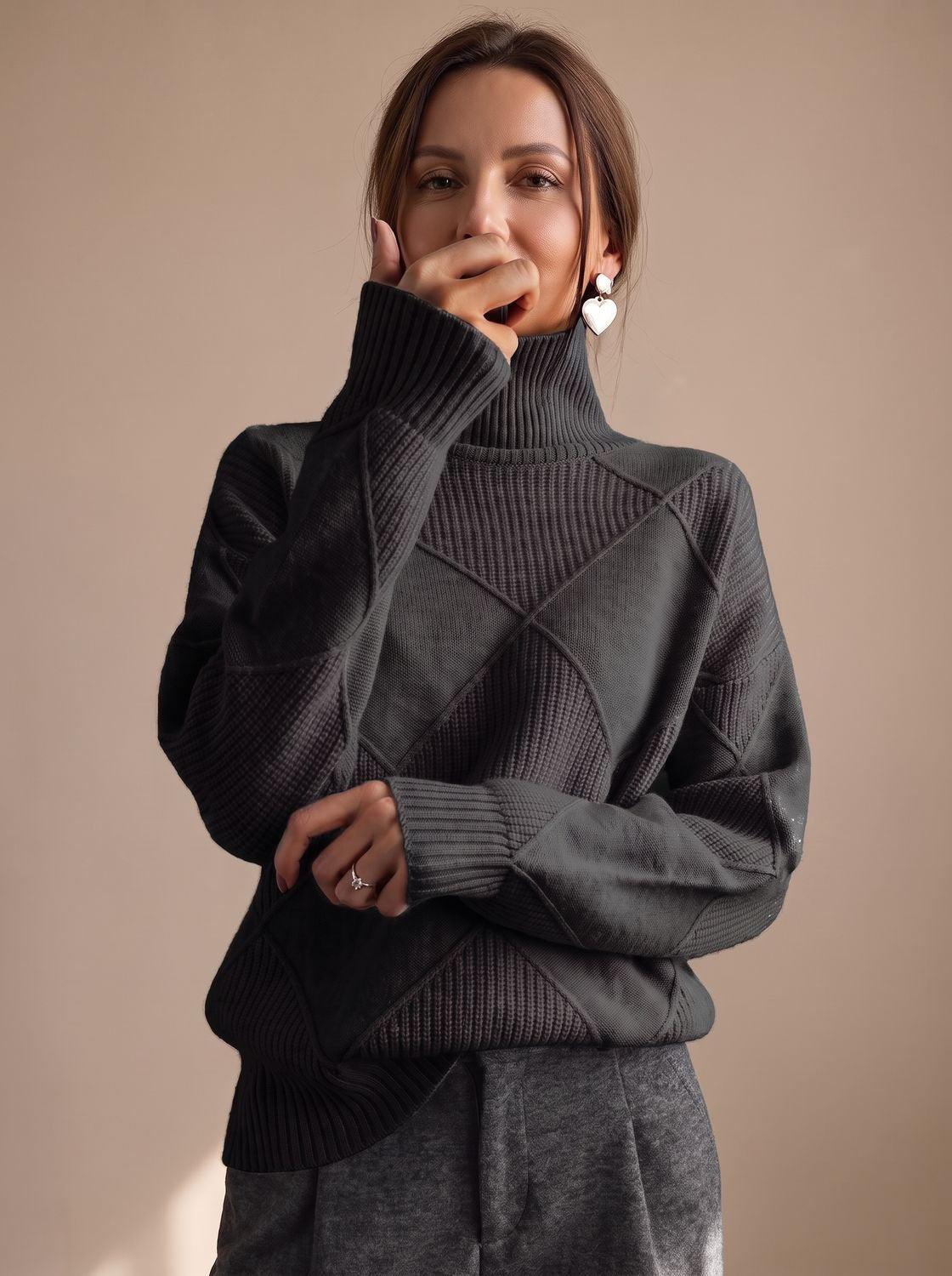 Women's Diamond Knit Turtleneck Relaxed Sweater