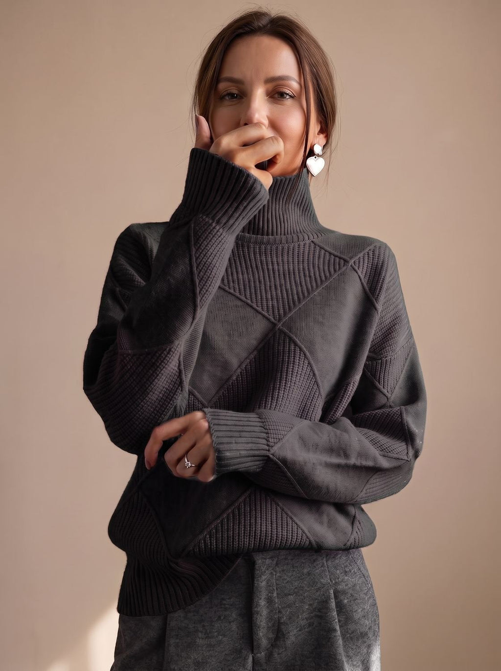 Pull décontracté à col roulé en maille à losanges pour femme