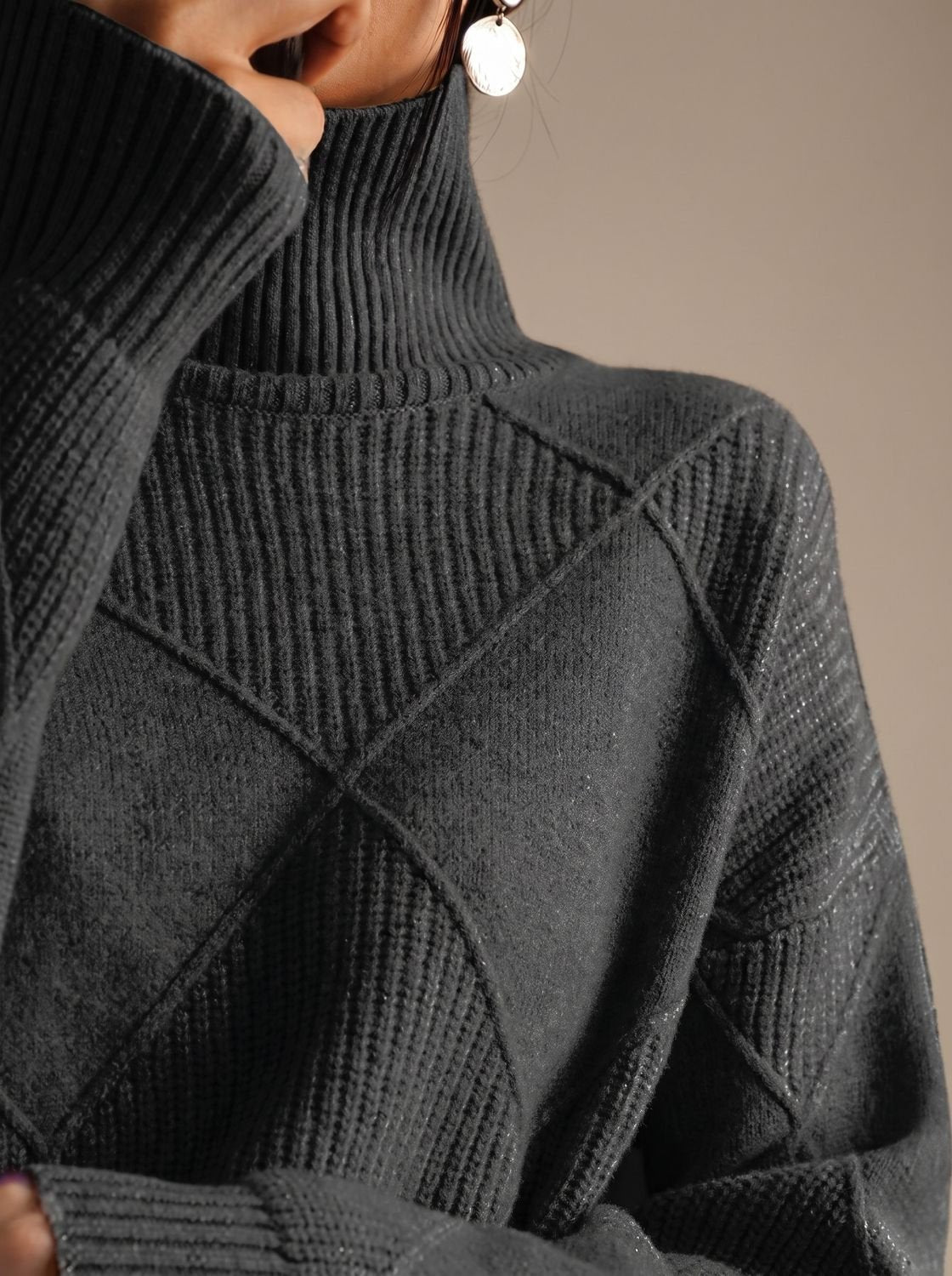 Pull décontracté à col roulé en maille à losanges pour femme