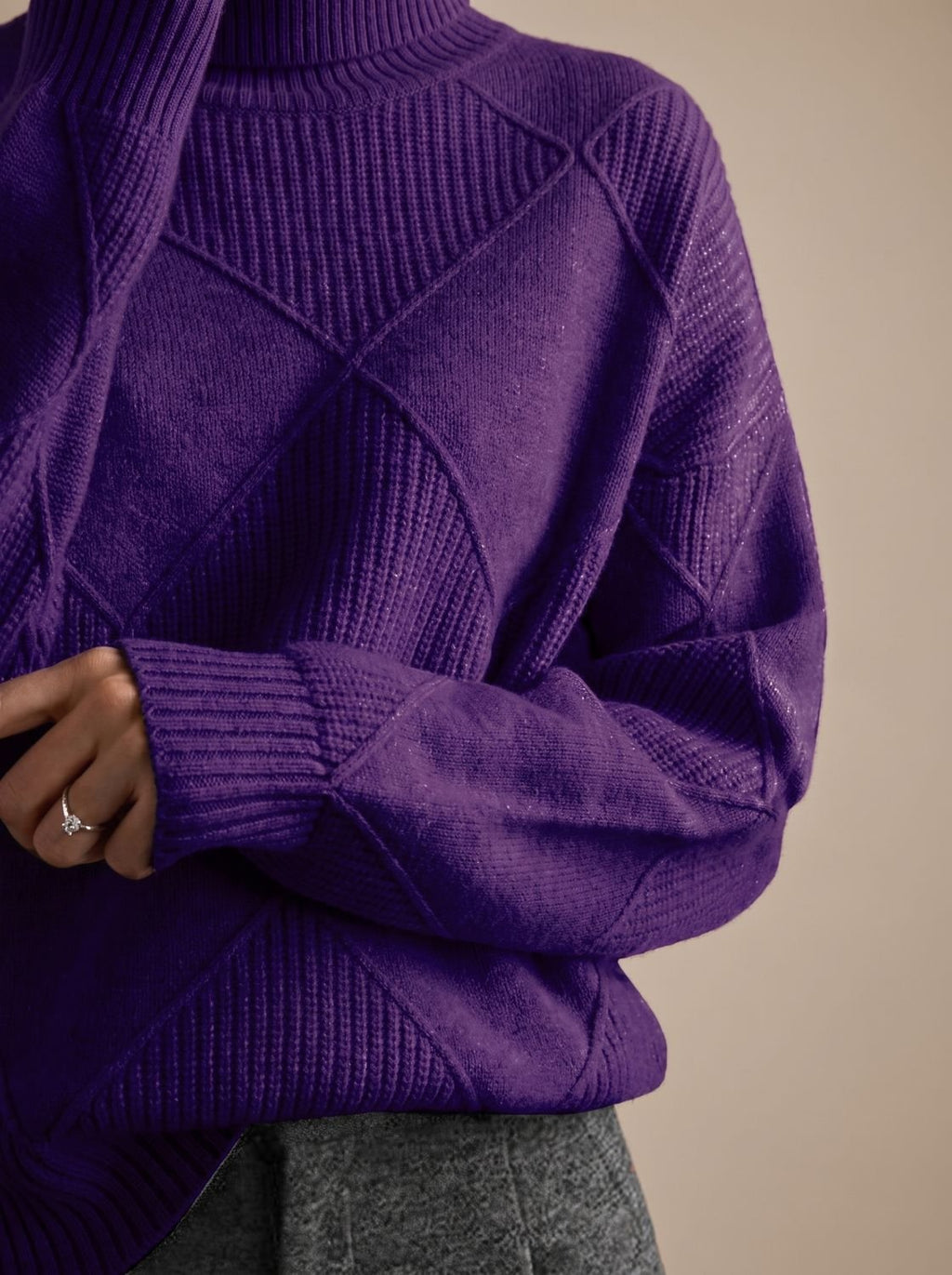 Pull décontracté à col roulé en maille à losanges pour femme