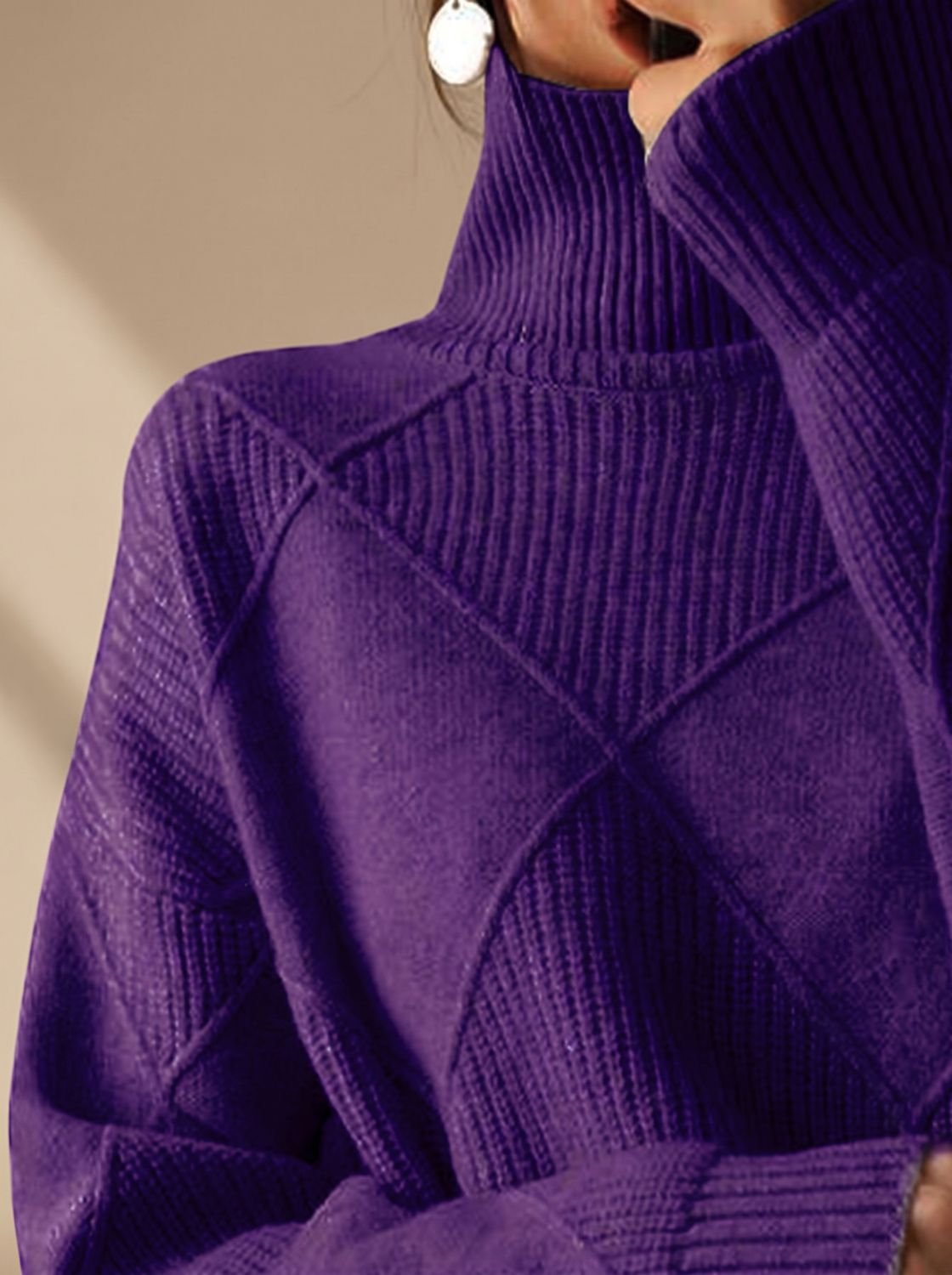 Pull décontracté à col roulé en maille à losanges pour femme