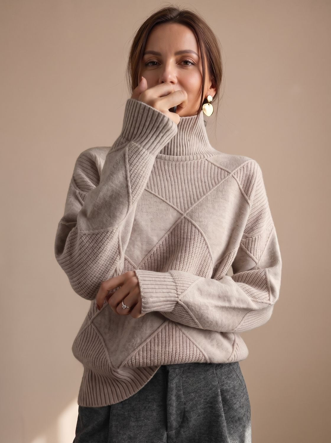 Women's Diamond Knit Turtleneck Relaxed Sweater